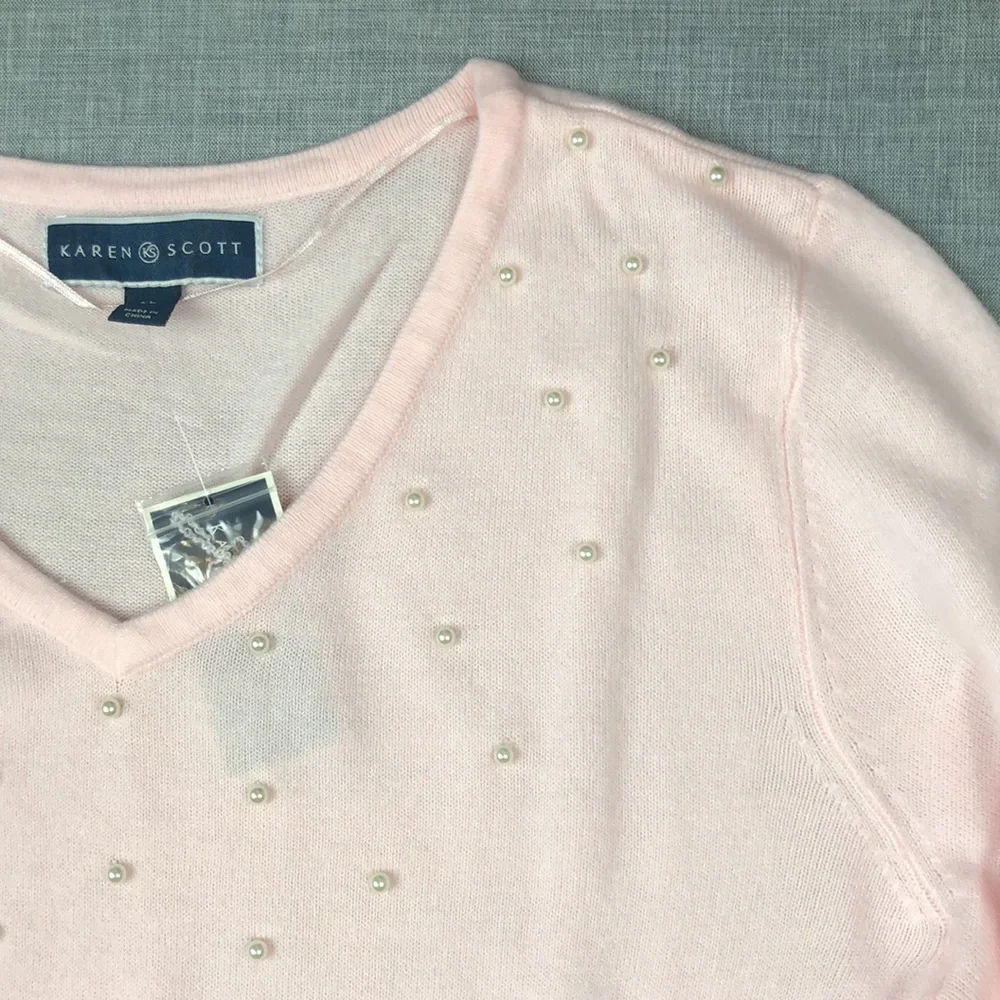 Pink V Neck Pearl Detail Pullover Sweater Size XL & Plus XXL - Picture 3 of 5